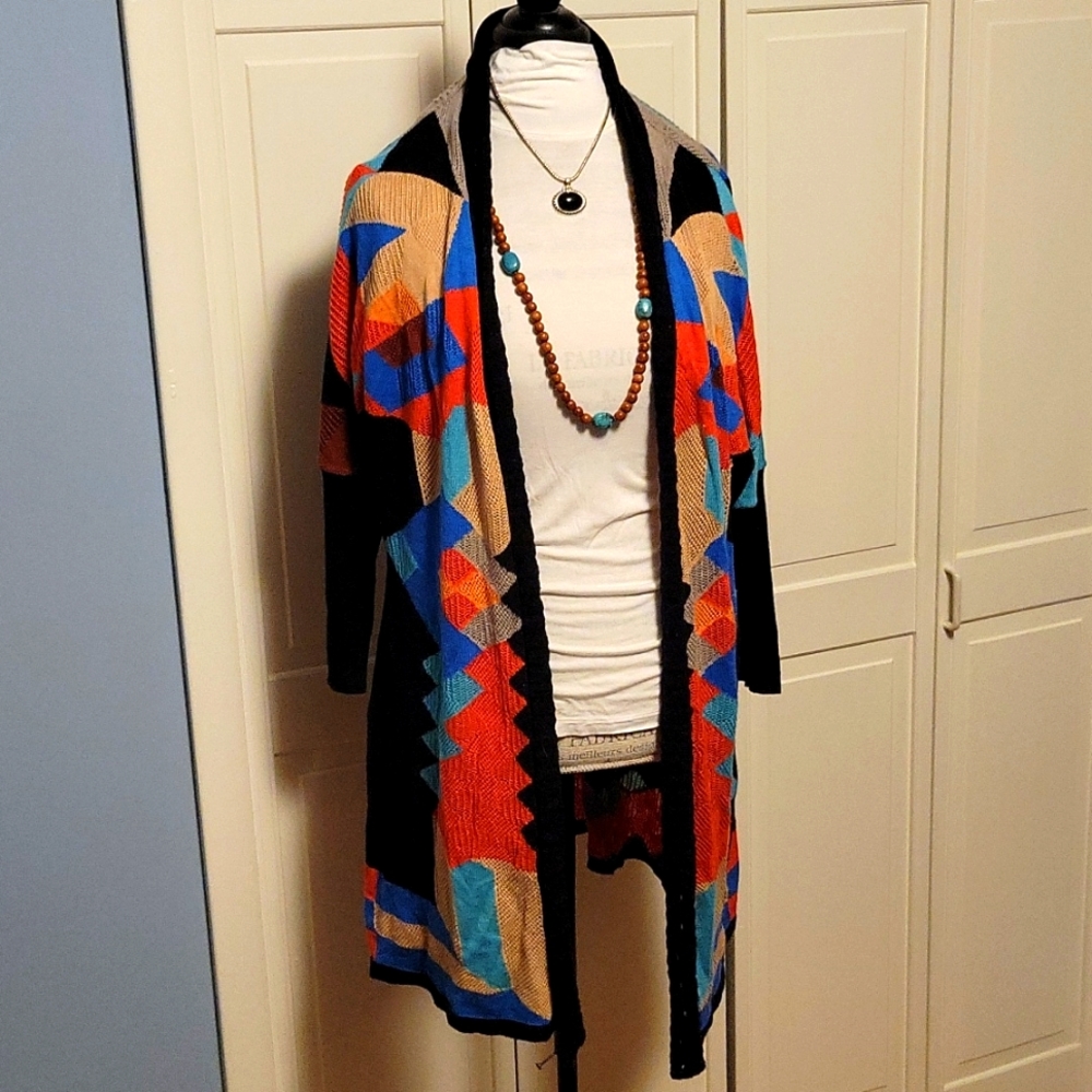 NIC+ZOE Black Multicolor Geometric Open-Front Cardigan